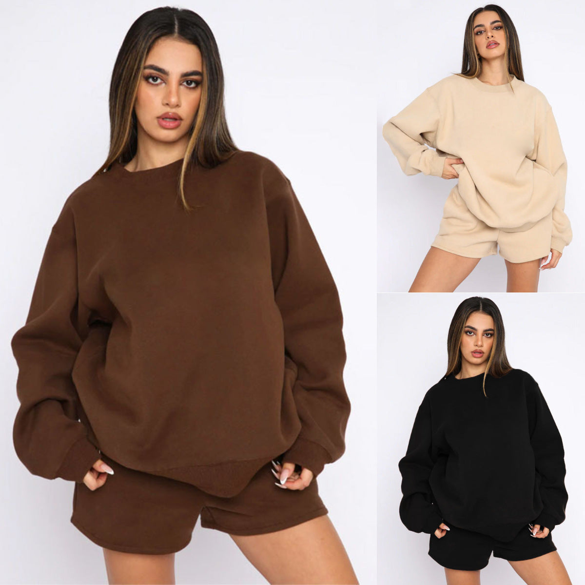 94#  Women 3D Logo Sweatshirts Shorts Set